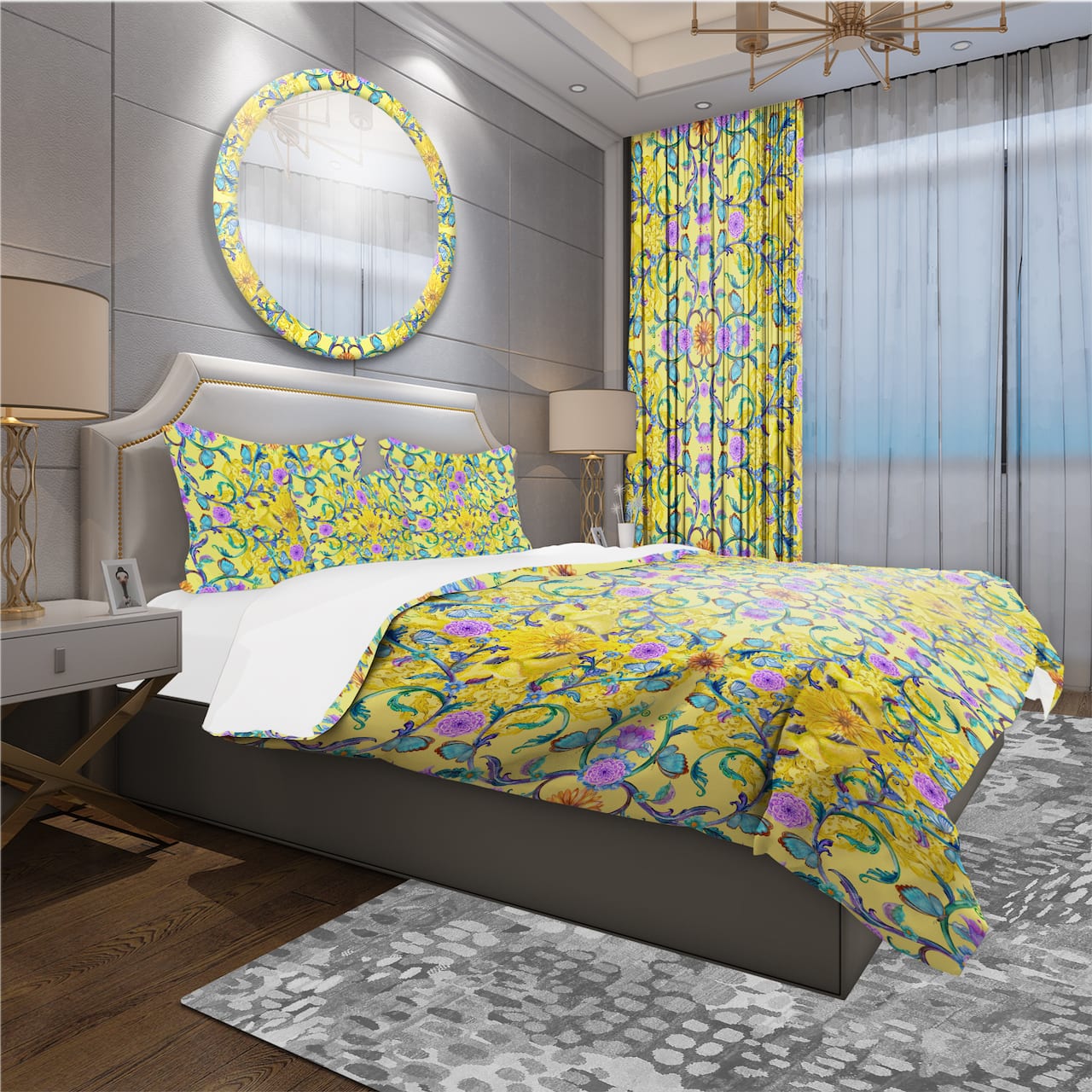 Designart 'Fancy Arabesque of Swirly Ornaments & Lovely Birds' Bohemian Bedding Set - Duvet Cover & Shams